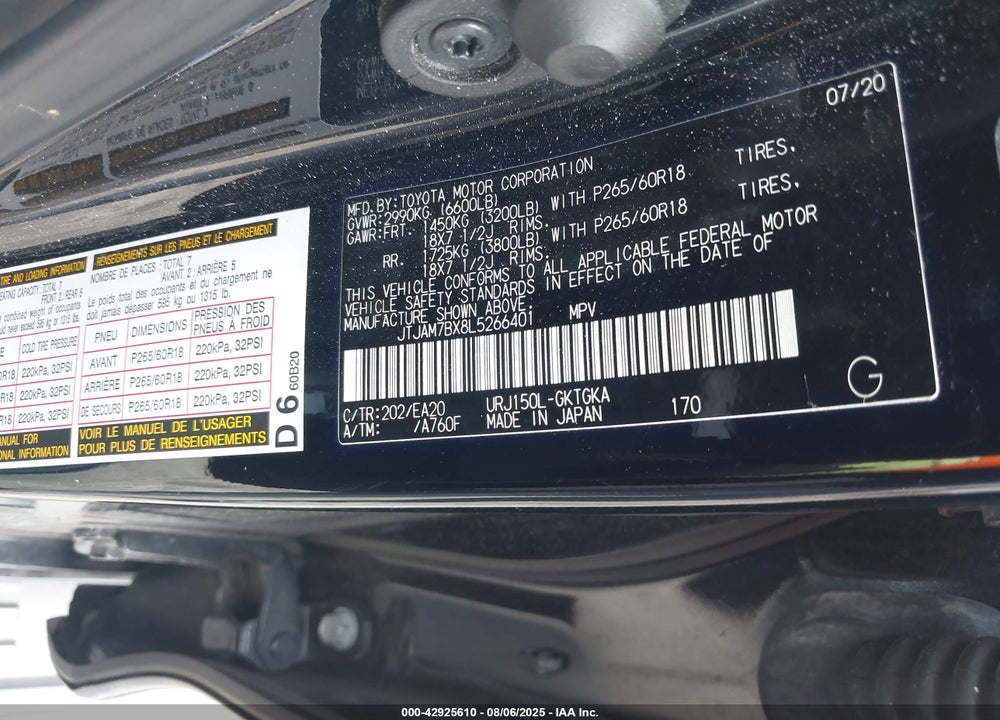 2020 LEXUS GX 460 VIN: JTJAM7BX8L5266401