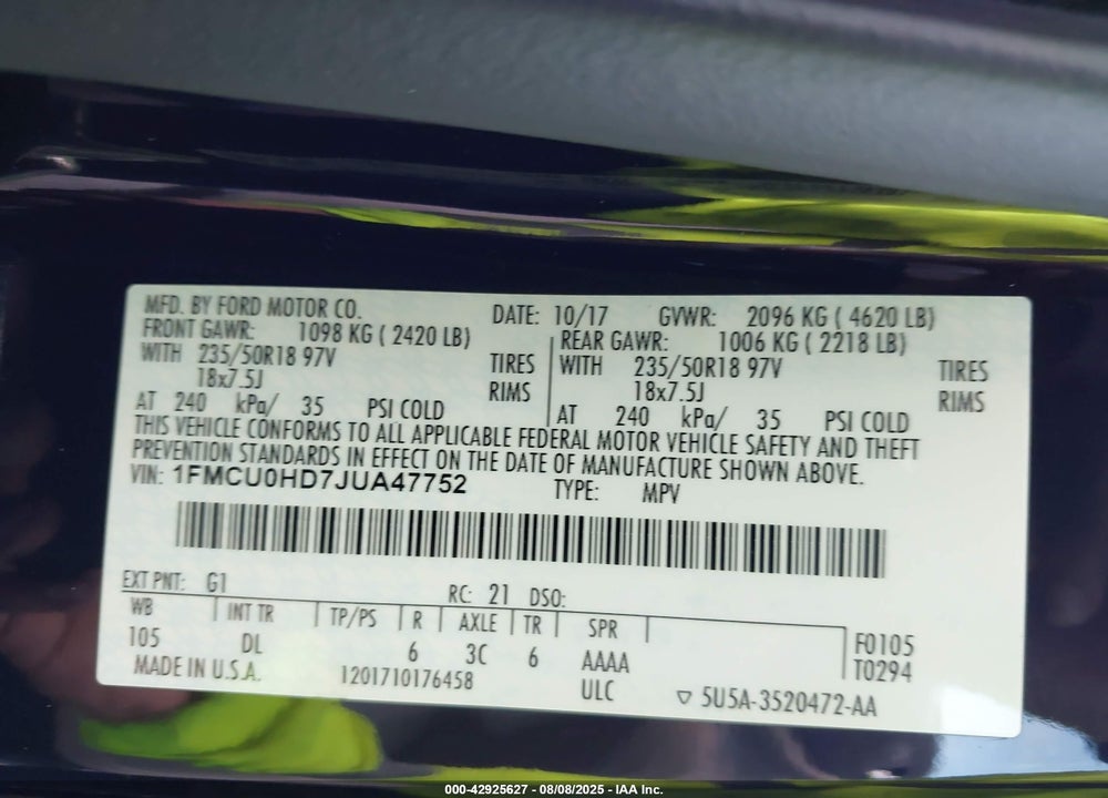 2018 FORD ESCAPE VIN: 1FMCU0HD7JUA47752