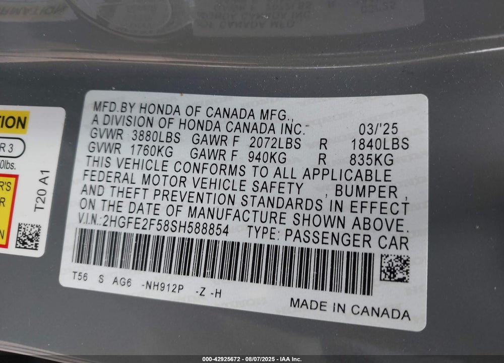2025 HONDA CIVIC VIN: 2HGFE2F58SH588854