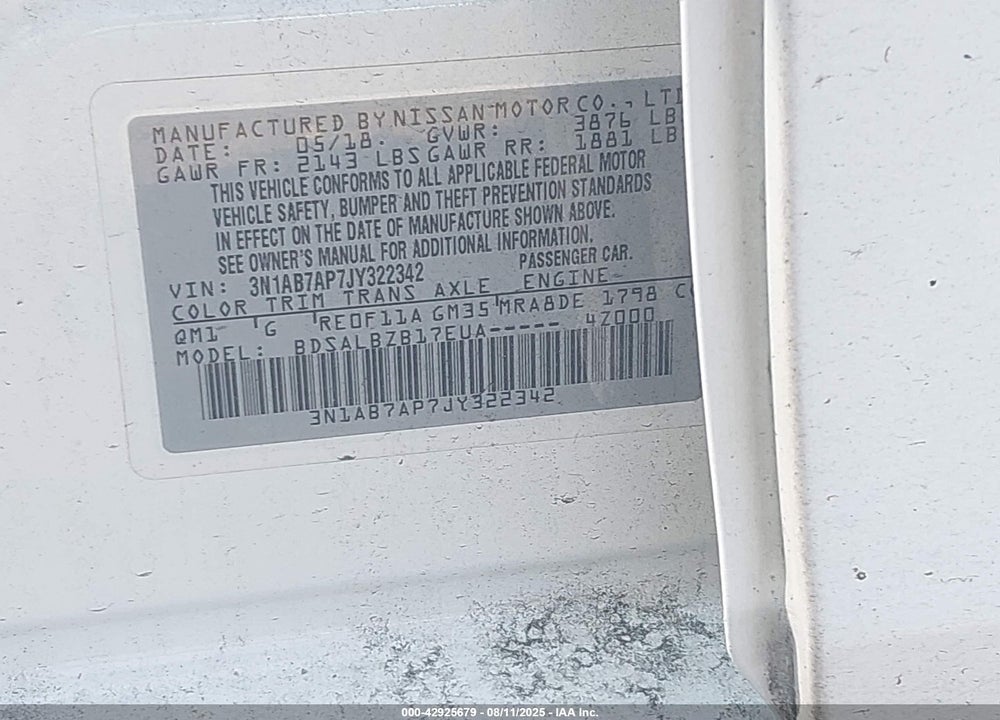 2018 NISSAN SENTRA VIN: 3N1AB7AP7JY322342