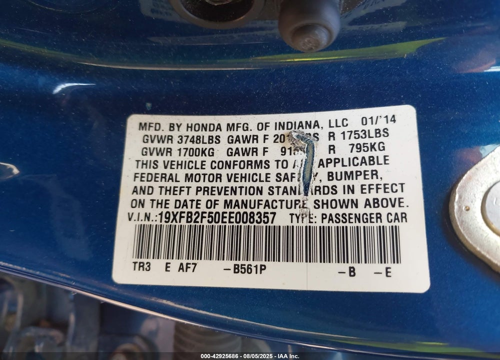 2014 HONDA CIVIC VIN: 19XFB2F50EE008357