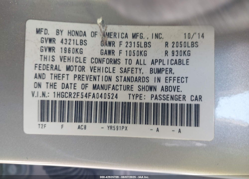 2015 HONDA ACCORD VIN: 1HGCR2F54FA040524