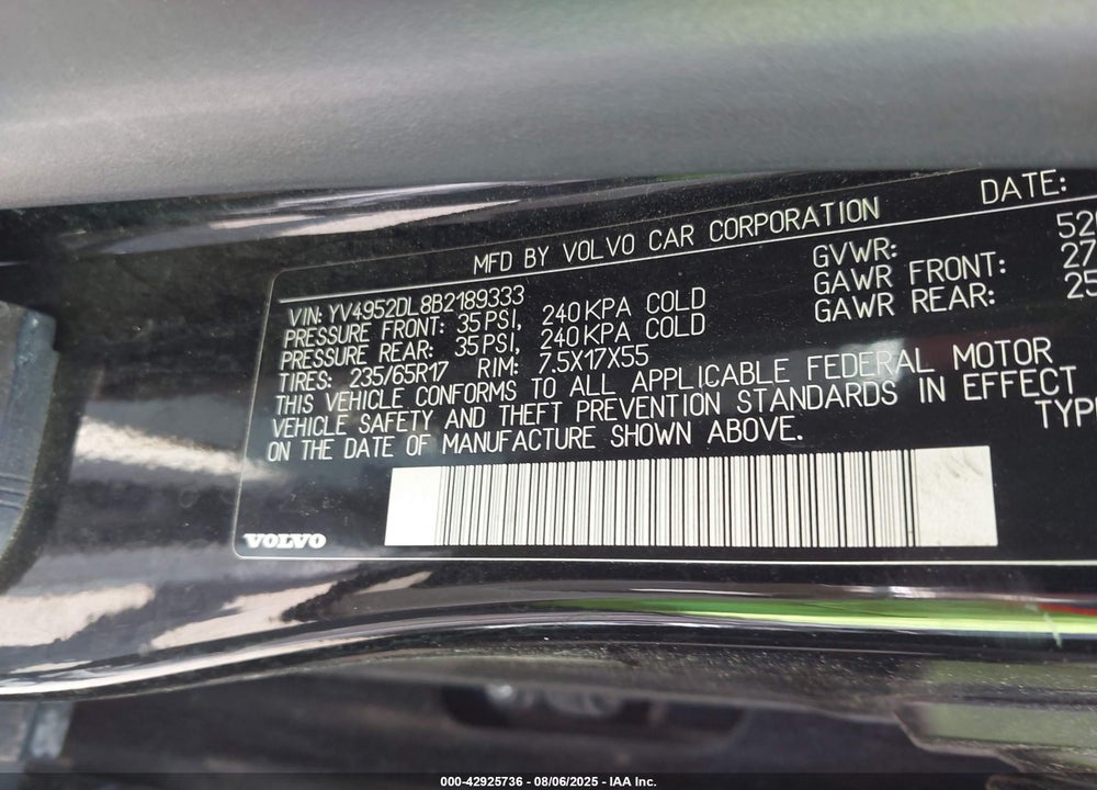 2011 VOLVO XC60 VIN: YV4952DL8B2189333