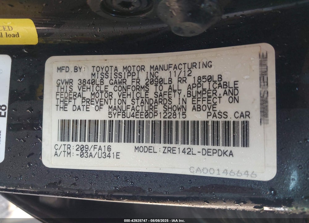 2013 TOYOTA COROLLA VIN: 5YFBU4EE0DP122815