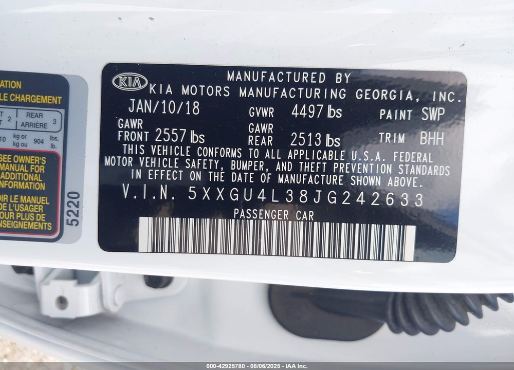 2018 KIA OPTIMA VIN: 5XXGU4L38JG242633