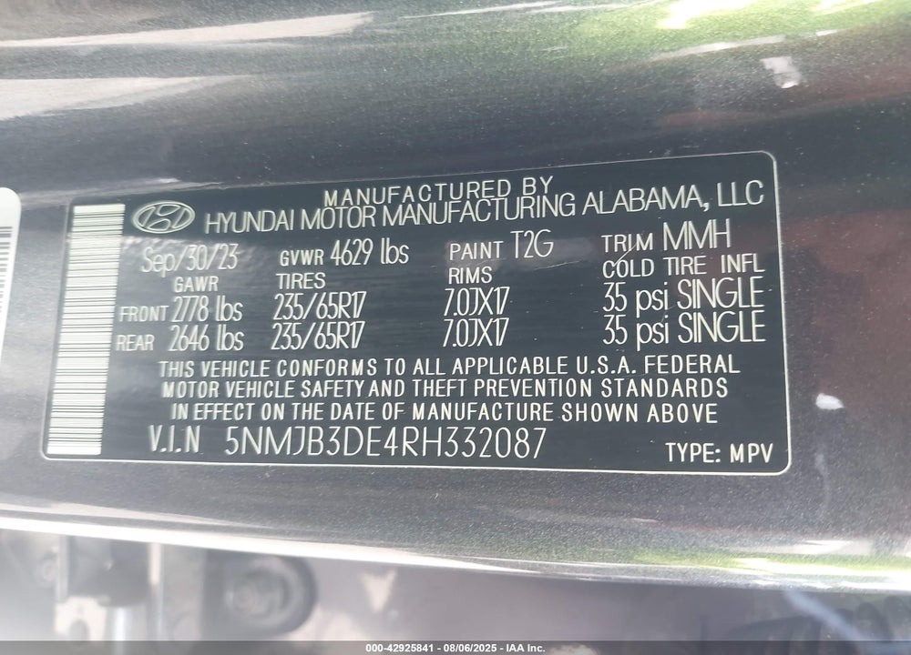 2024 HYUNDAI TUCSON VIN: 5NMJB3DE4RH332087