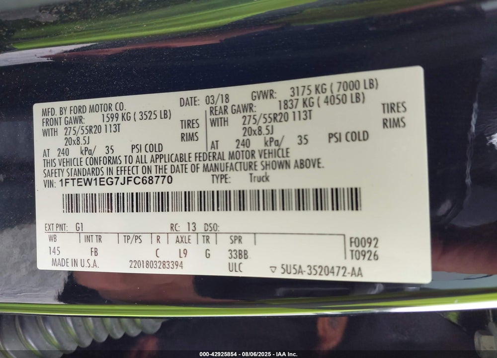 2018 FORD F-150 VIN: 1FTEW1EG7JFC68770