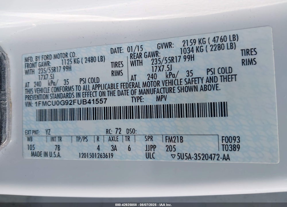 2015 FORD ESCAPE VIN: 1FMCU0G92FUB41557