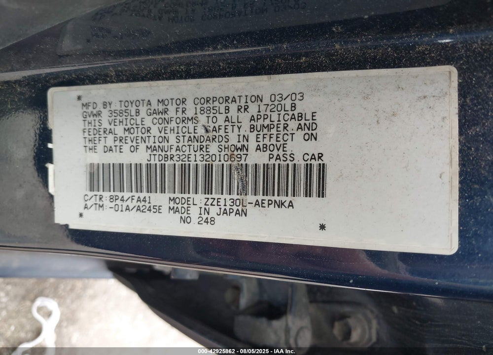 2003 TOYOTA COROLLA LE VIN: JTDBR32E132010697