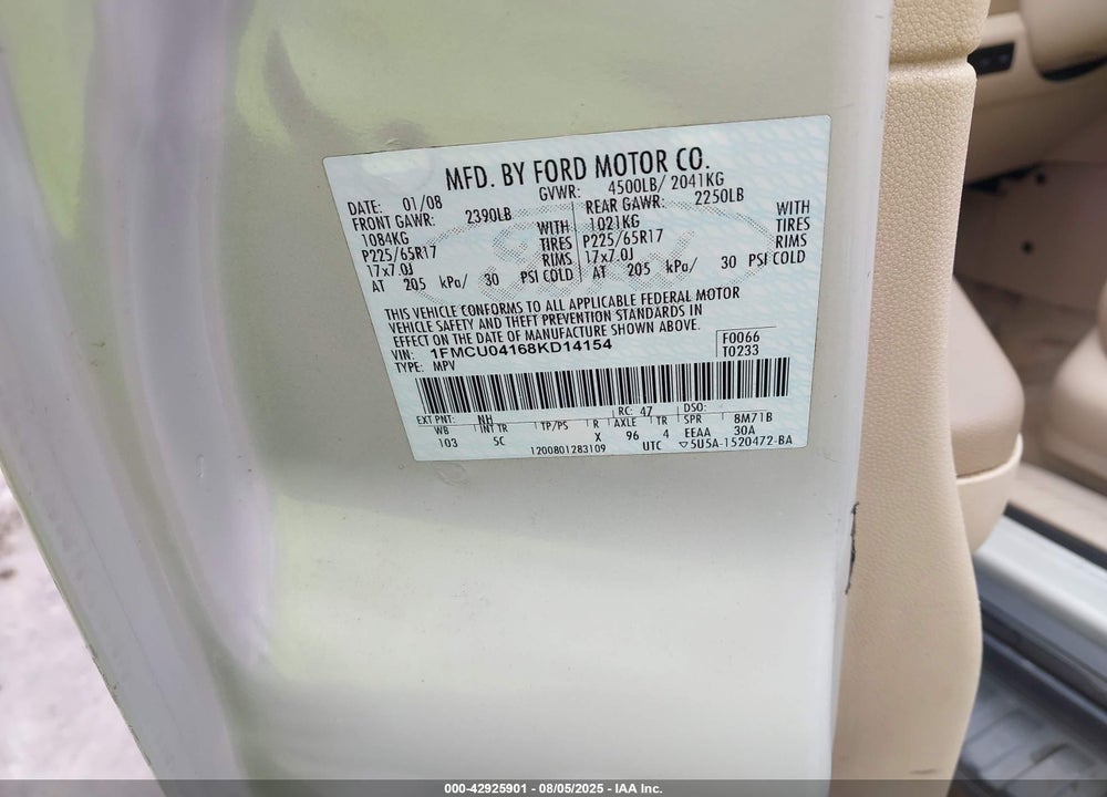 2008 FORD ESCAPE LIMITED VIN: 1FMCU04168KD14154