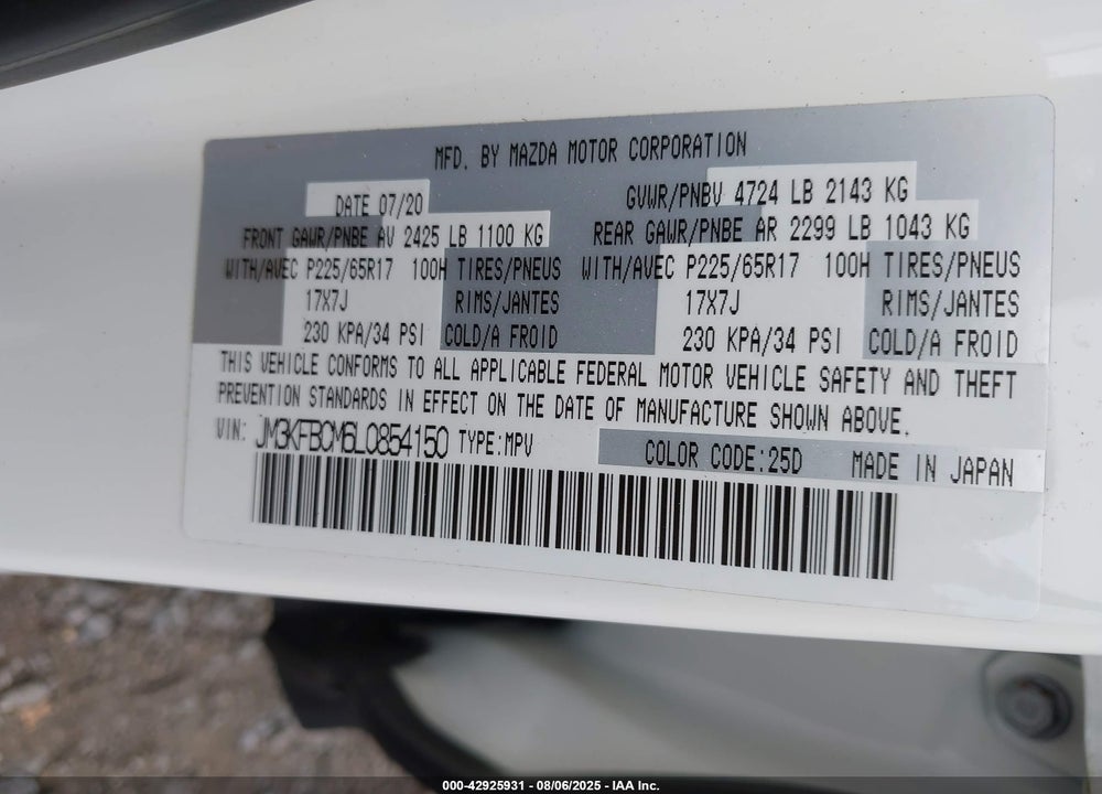 2020 MAZDA CX-5 VIN: JM3KFBCM6L0854150
