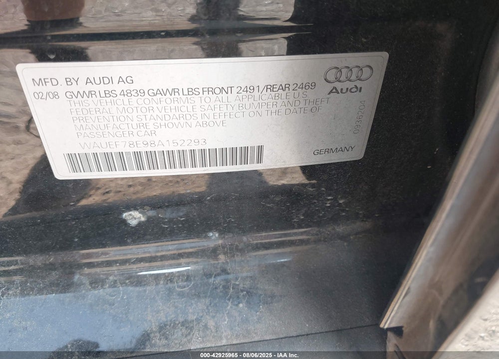 2008 AUDI A4 2.0T/2.0T SPECIAL EDITION VIN: WAUEF78E98A152293