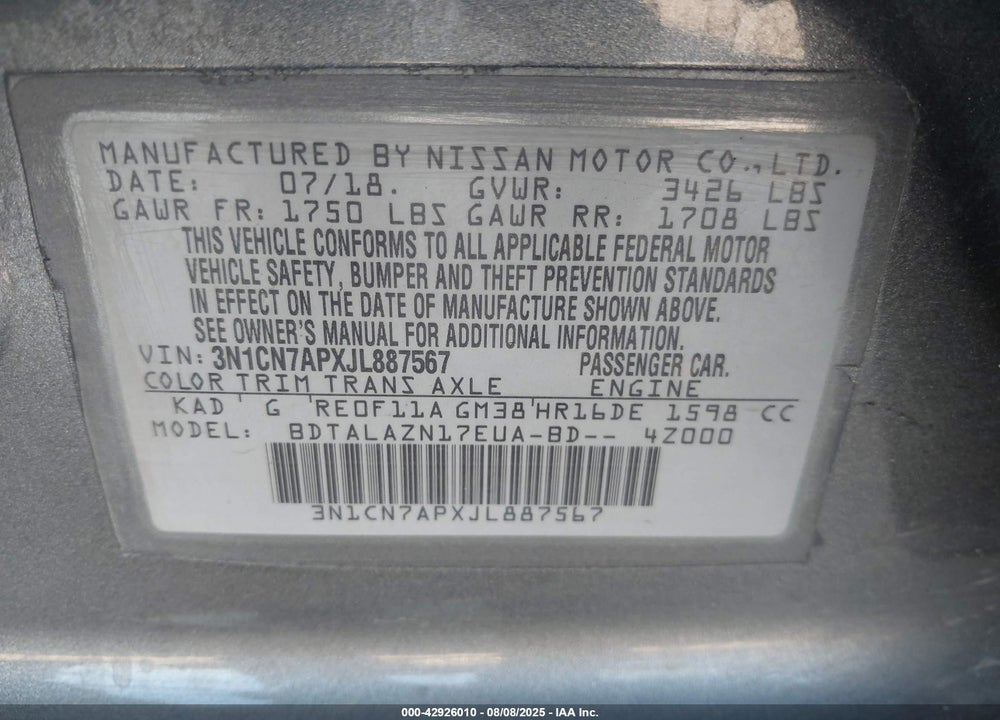 2018 NISSAN VERSA VIN: 3N1CN7APXJL887567