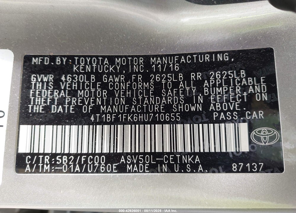 2017 TOYOTA CAMRY VIN: 4T1BF1FK6HU710655
