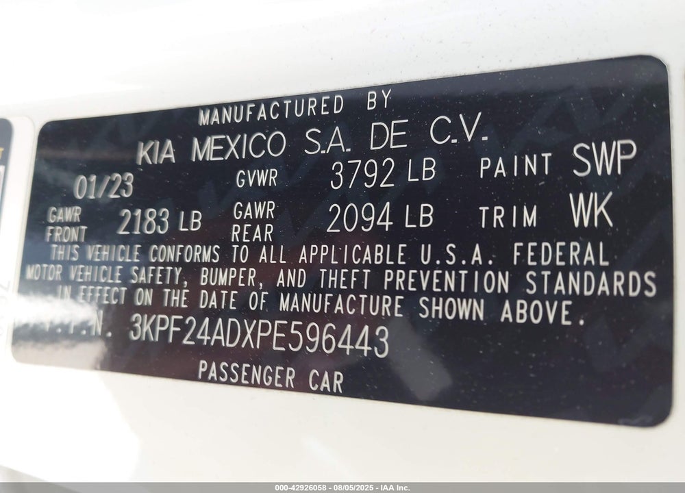 2023 KIA FORTE VIN: 3KPF24ADXPE596443