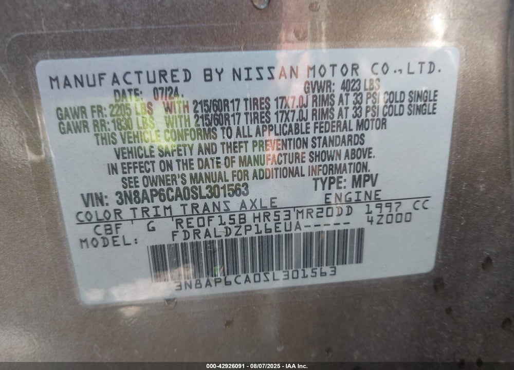 2025 NISSAN KICKS VIN: 3N8AP6CA0SL301563