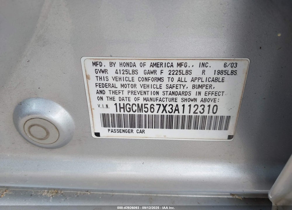 2003 HONDA ACCORD VIN: 1HGCM567X3A112310