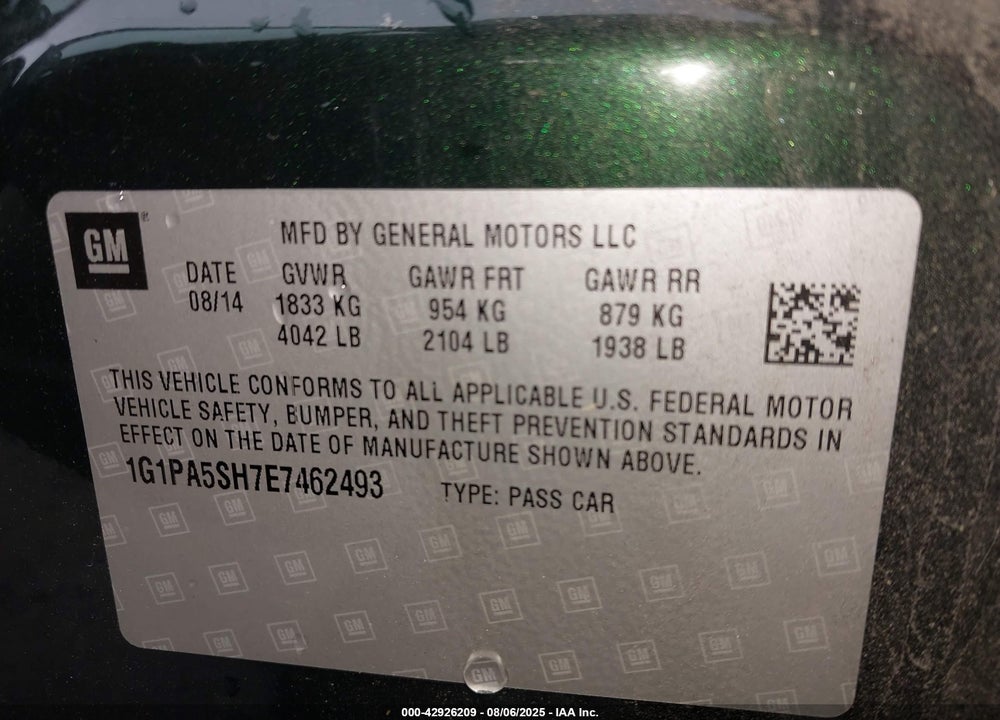 2014 CHEVROLET CRUZE LS AUTO VIN: 1G1PA5SH7E7462493