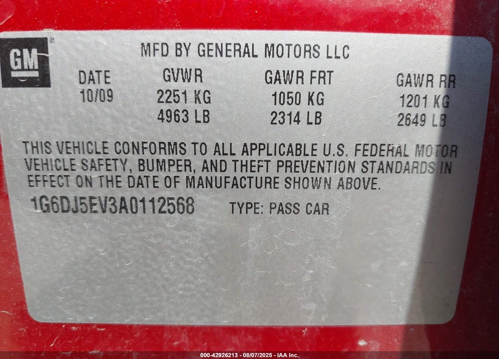 2010 CADILLAC CTS VIN: 1G6DJ5EV3A0112568