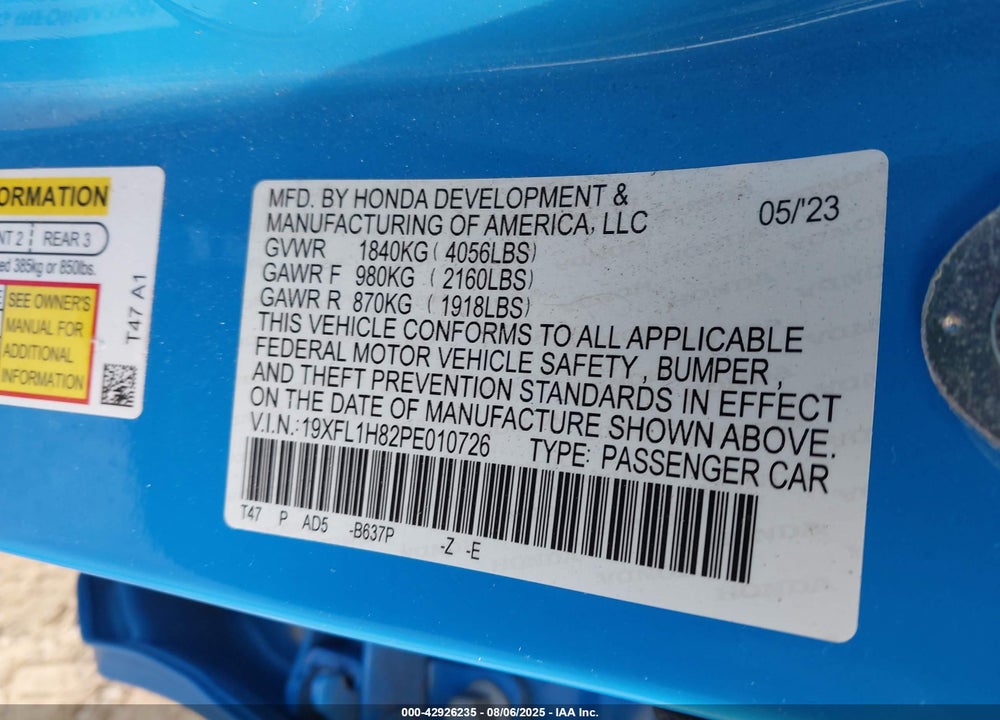 2023 HONDA CIVIC VIN: 19XFL1H82PE010726