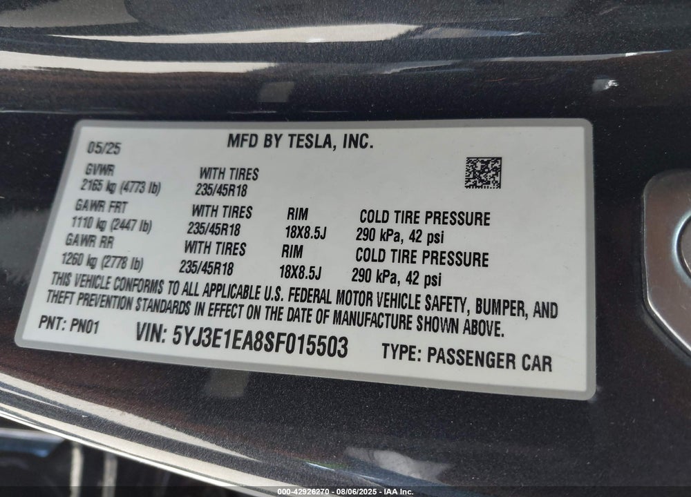 2025 TESLA MODEL 3 VIN: 5YJ3E1EA8SF015503