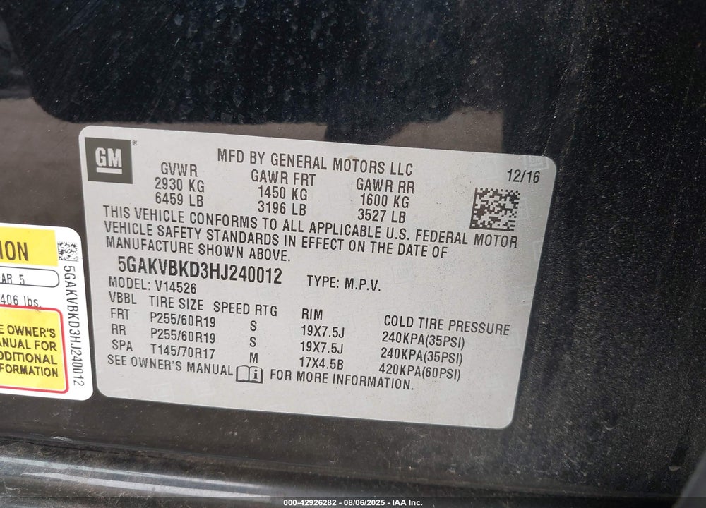 2017 BUICK ENCLAVE LEATHER VIN: 5GAKVBKD3HJ240012