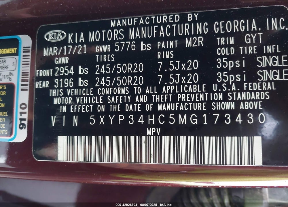 2021 KIA TELLURIDE VIN: 5XYP34HC5MG173430