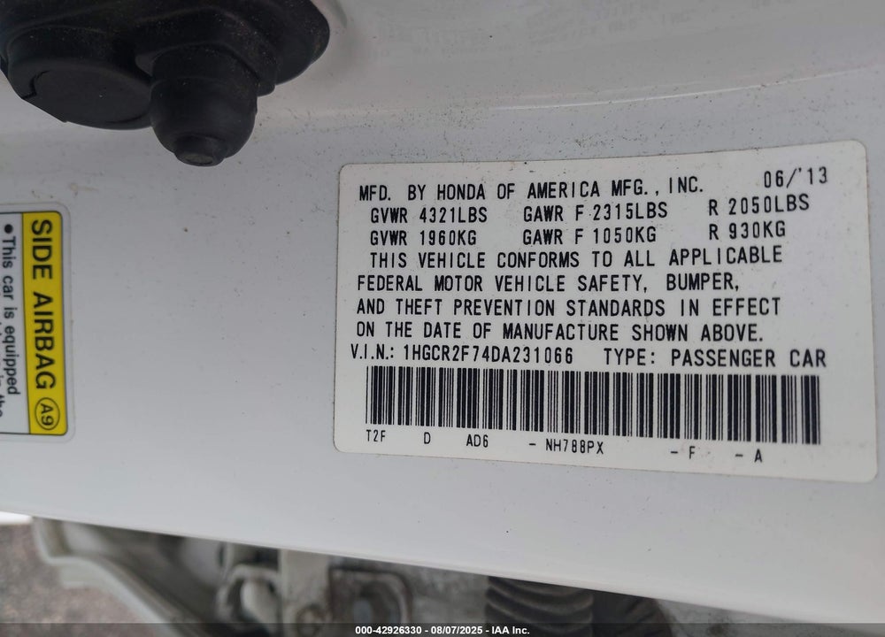 2013 HONDA ACCORD VIN: 1HGCR2F74DA231066
