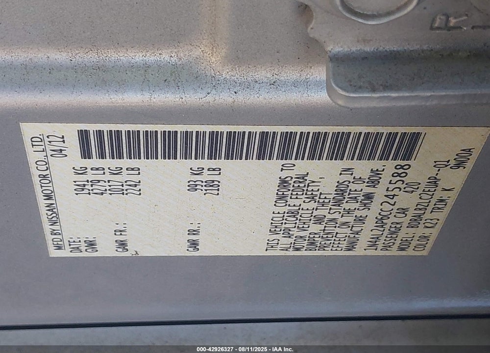 2012 NISSAN ALTIMA 2.5 S VIN: 1N4AL2AP6CC245588