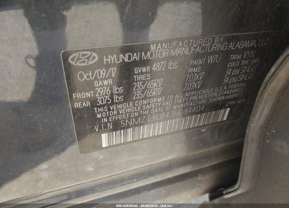 2018 HYUNDAI SANTA FE VIN: 5NMZT3LB4JH084404