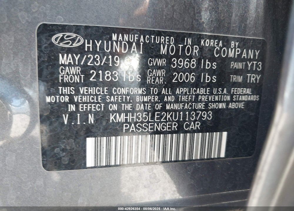 2019 HYUNDAI ELANTRA GT VIN: KMHH35LE2KU113793