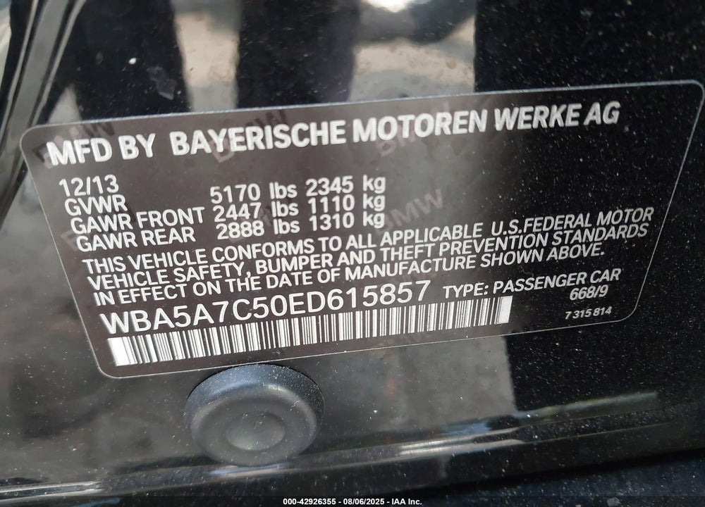 2014 BMW 5 SERIES VIN: WBA5A7C50ED615857