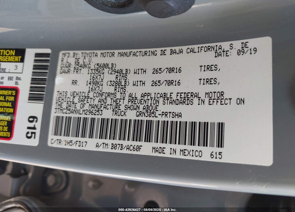 2020 TOYOTA TACOMA VIN: 3TMCZ5ANXLM296253