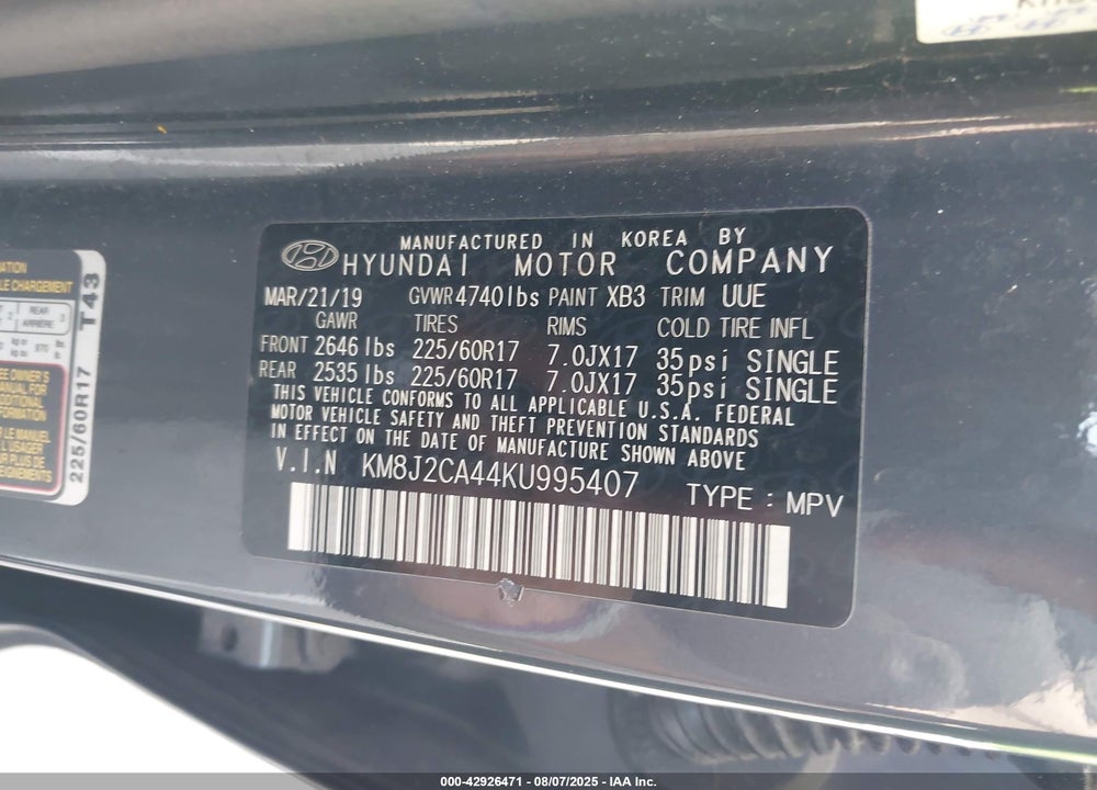 2019 HYUNDAI TUCSON VIN: KM8J2CA44KU995407
