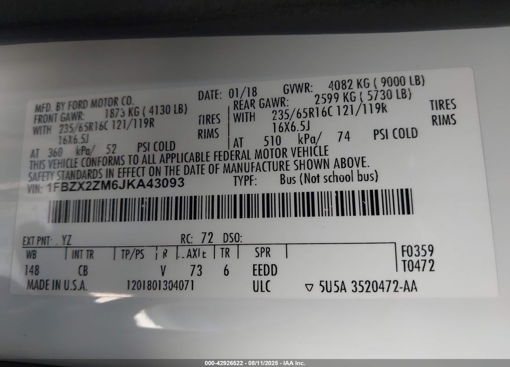 2018 FORD TRANSIT-350 XLT VIN: 1FBZX2ZM6JKA43093