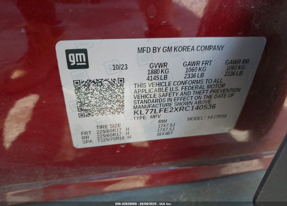 2024 CHEVROLET TRAX VIN: KL77LFE2XRC140536
