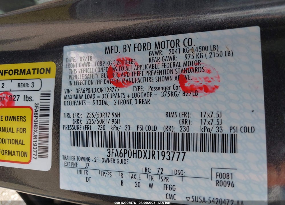 2018 FORD FUSION VIN: 3FA6P0HDXJR193777