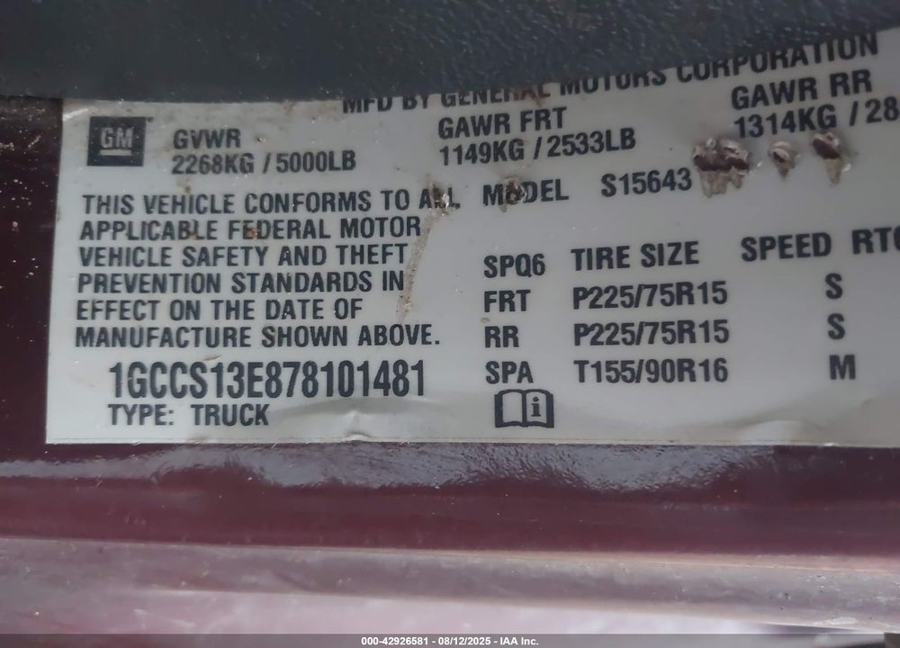 2007 CHEVROLET COLORADO LT VIN: 1GCCS13E878101481
