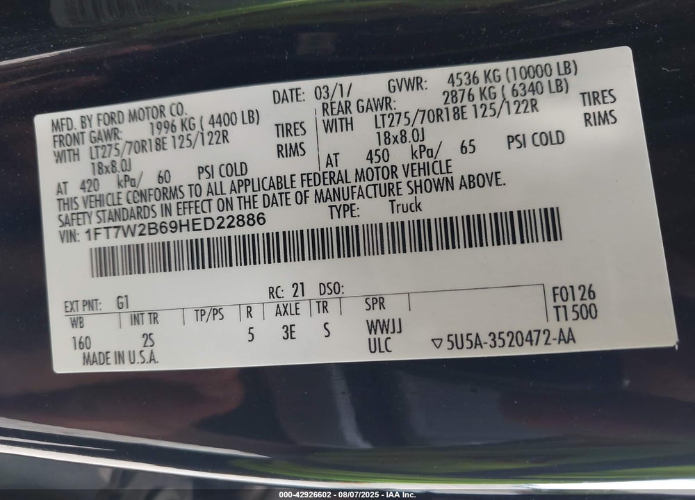 2017 FORD F-250 VIN: 1FT7W2B69HED22886