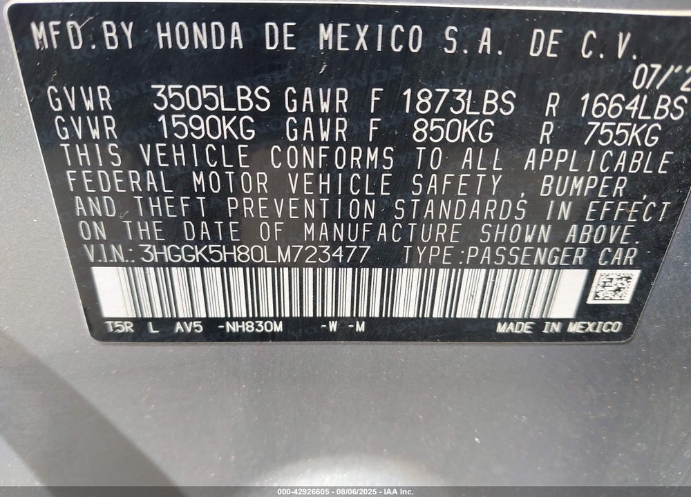 2020 HONDA FIT EX VIN: 3HGGK5H80LM723477