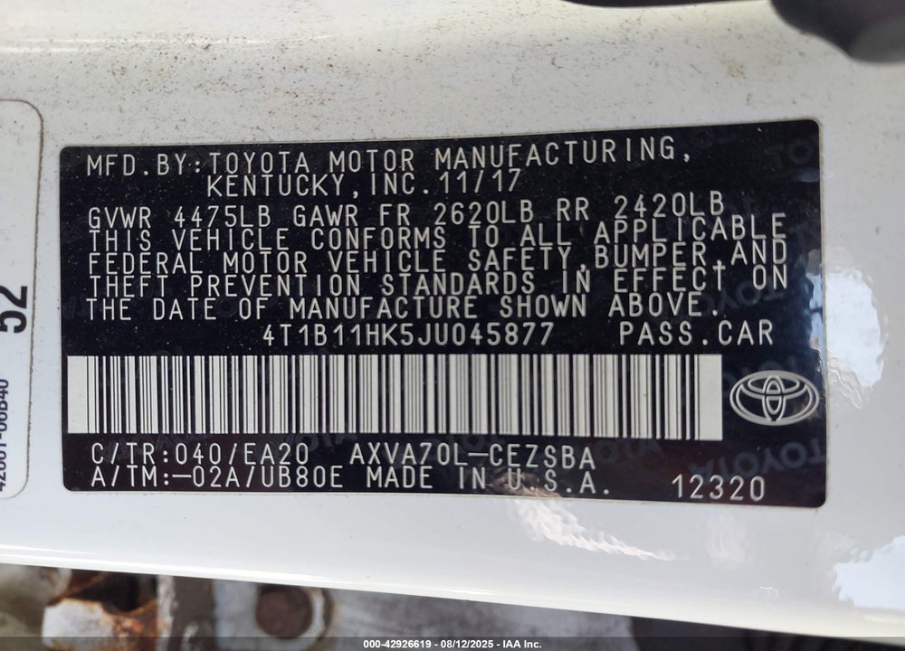 2018 TOYOTA CAMRY VIN: 4T1B11HK5JU045877