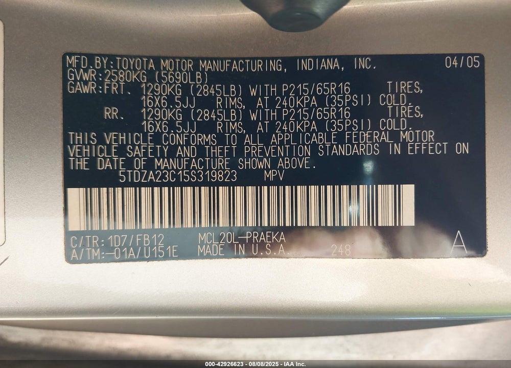 2005 TOYOTA SIENNA LE VIN: 5TDZA23C15S319823
