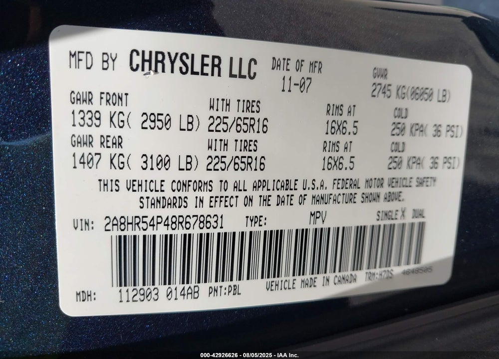 2008 CHRYSLER TOWN & COUNTRY TOURING VIN: 2A8HR54P48R678631