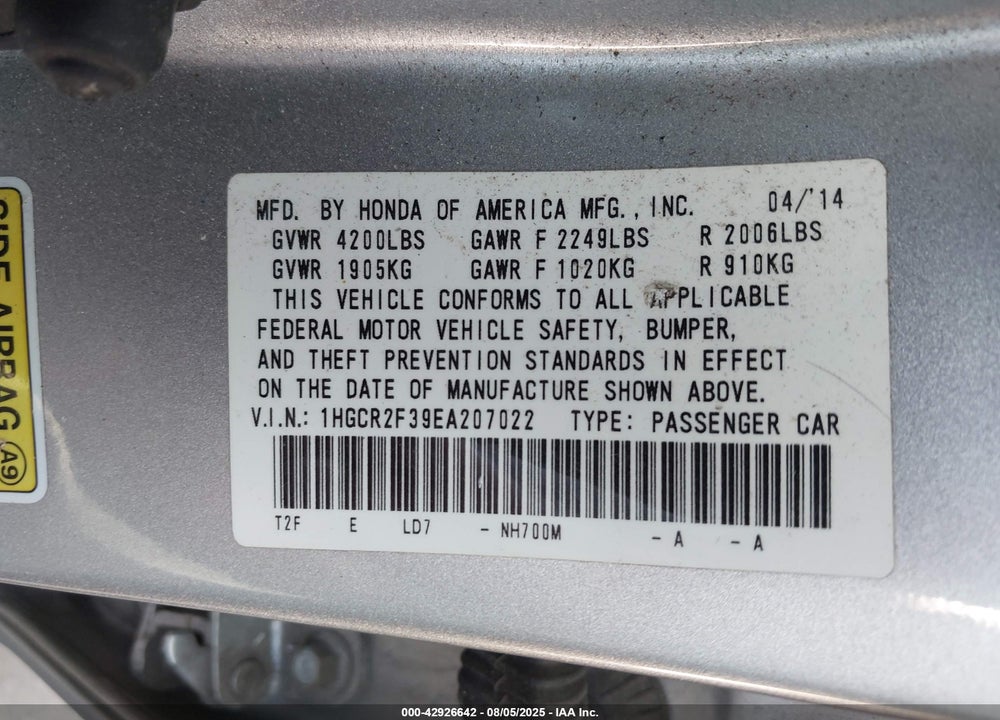 2014 HONDA ACCORD LX VIN: 1HGCR2F39EA207022