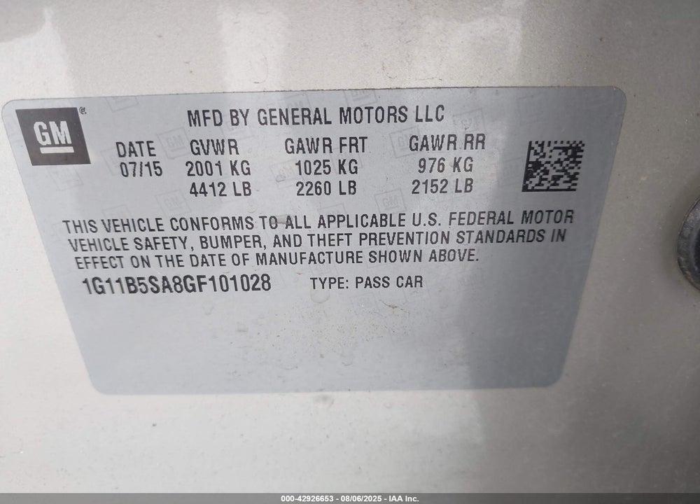 2016 CHEVROLET MALIBU LIMITED VIN: 1G11B5SA8GF101028