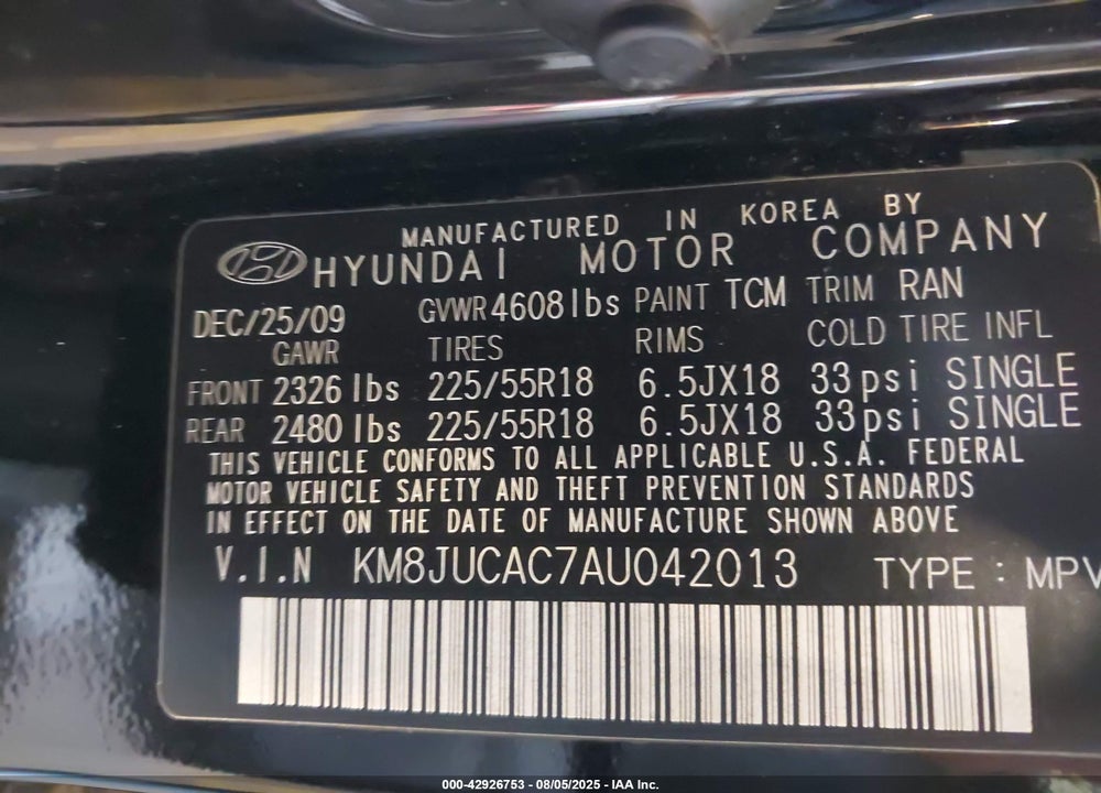2010 HYUNDAI TUCSON VIN: KM8JUCAC7AU042013