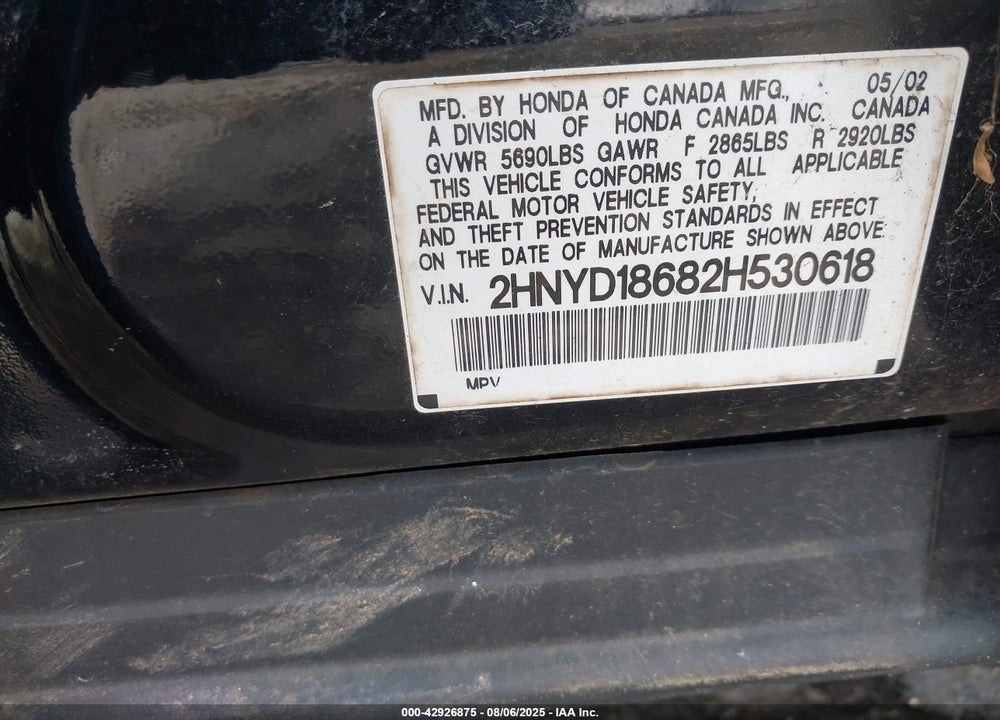 2002 ACURA MDX VIN: 2HNYD18682H530618