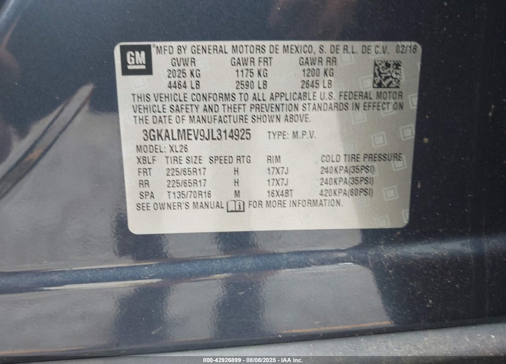 2018 GMC TERRAIN SLE VIN: 3GKALMEV9JL314925