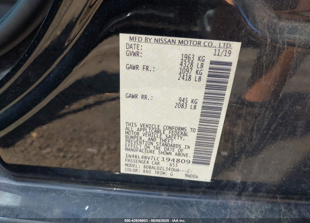2020 NISSAN ALTIMA VIN: 1N4BL4BV7LC194809