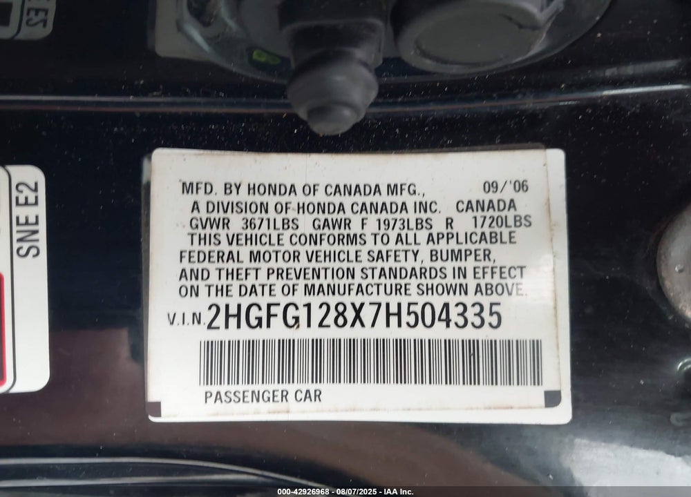 2007 HONDA CIVIC VIN: 2HGFG128X7H504335